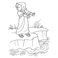 pagina da colorare: Una ragazza in abiti popolari si trova sulla riva del fiume, allungando le braccia in avanti