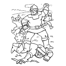 pagina da colorare: Ilya Muromets con armi da combattimento, ha sconfitto il nemico con una spada a terra.