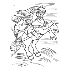 pagina da colorare: Ilya Muromets con un martello di battaglia su un cavallo