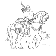 pagina da colorare: Disegno di un eroe su un cavallo da una storia popolare russa