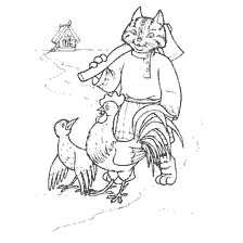 pagina da colorare: Immagine con un gatto, un ladro e un gallo da una storia popolare russa