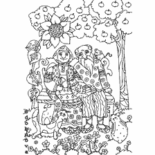 pagina da colorare: Nonno e donna con un pollo con un increspato sullo sfondo della natura