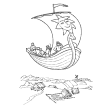 pagina da colorare: Immagine da colorare Volare nave con eroi e paesaggio
