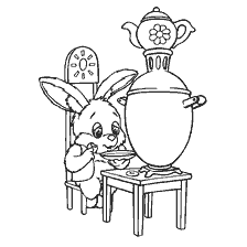 pagina da colorare: Un coniglietto siede a un tavolo e mangia da una tazza accanto a un samovar