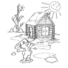 pagina da colorare: Disegno di una lepre e una capanna sullo sfondo del sole primaverile