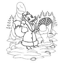 pagina da colorare: Immagine da colorare di una volpe in un cappotto di pelliccia accanto ad un rifugio di ghiaccio