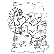 pagina da colorare: Coniglietto che parla con un galletto sullo sfondo della foresta.