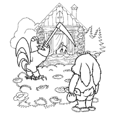 pagina da colorare: Illustrazione dal racconto del Cockerel e della Fox, dove il Cockerel insegue una volpe, in piedi al rifugio.