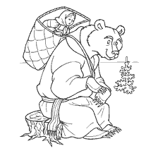 pagina da colorare: Un orso con una ragazza in un cesto sulla schiena si siede su un ceppo