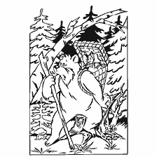 pagina da colorare: Maria in una scatola sul retro di un orso nella foresta