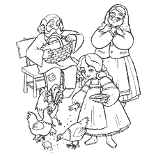 pagina da colorare: Immagine dal libro di colorazione con nipote Masha, nonno e nonna, nutrendo polli.