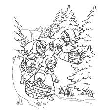 pagina da colorare: Mashenka e ragazze raccolgono funghi e bacche nella foresta