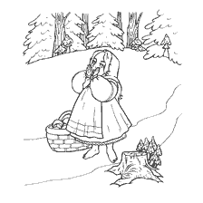pagina da colorare: Mashenka si perse nella foresta, in piedi con un cesto e guardando fuori alla distanza.