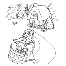 pagina da colorare: Una ragazza con un cesto si avvicina al rifugio di un orso