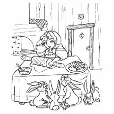 pagina da colorare: Mashenka cucina torte, conigli sedersi intorno a lei.