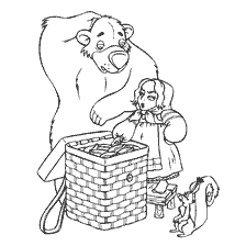 pagina da colorare: Illustrazione al racconto popolare russo con un orso e una ragazza in una scatola con torte