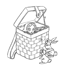 pagina da colorare: Masha si nasconde in una scatola, e accanto ad essa &egrave; un coniglietto soffice