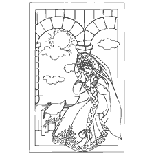 pagina da colorare: Disegno della principessa Nesmeyan in una finestra con nuvole sullo sfondo