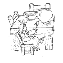 pagina da colorare: Immagine da colorare di una ragazza in una casa di villaggio