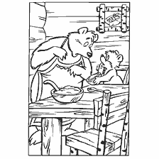 pagina da colorare: L'orso e la lepre siedono al tavolo, l'orso si appoggia verso la lepre con una tazza.