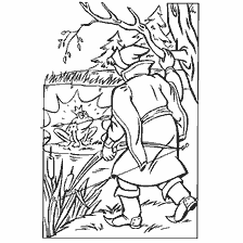 pagina da colorare: Un uomo con una spada guarda una rana nell'erba