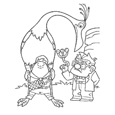 coloring page: Carl and Russell from Up! in the coloring book, Carl holding a cane and Russell with a backpack.