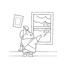 coloring page: The boy at the window looks at the storm with lightning
