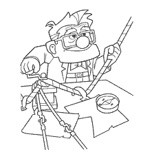 coloring page: Old Carl from Up! is thoughtfully working with instruments
