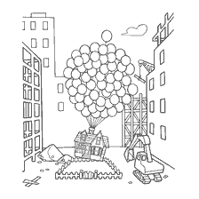 coloring page: Coloring house rising into the air on balloons against the background of the city
