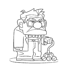 coloring page: Carl, the character from the cartoon Up!, with a cane in his hands