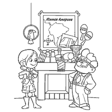 coloring page: Children explore South America with a map and various objects.