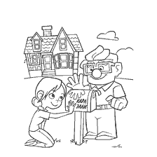 coloring page: A mailbox with characters from Up! and a house in the background