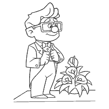 coloring page: Carl the groom from the cartoon Up! stands with a plant