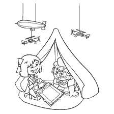 coloring page: Children read a book in a tent surrounded by balloons and model airplanes.