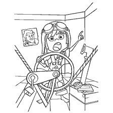coloring page: Drawing of Ellie from the cartoon Up! against the background of the steering wheel and tools