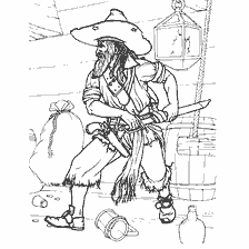 coloring page: A drawing of an old pirate with a sword and chests in the background