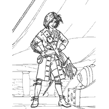 coloring page: Drawing of a young man on a pirate ship