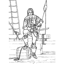 coloring page: Contour painting of a pirate with a sword on a barrel