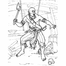 coloring page: Coloring of a pirate with an axe in his hands against the background of treasures