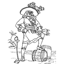 coloring page: A pirate baron with a pirate standing on a barrel, with a saber and palm trees in the background