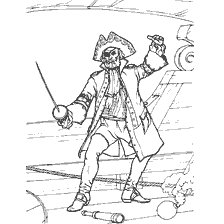 coloring page: Pirate in battle with a sword in front of a pirate ship