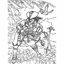 coloring page: Pirate Adventure Scene with Treasure and Bird