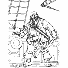 coloring page: The pirate stands near the cannon on the ship, with a sword and a cannonball in his hands.