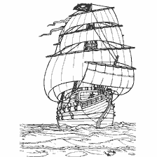 coloring page: A pirate ship at sea with a black flag