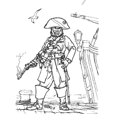 coloring page: Drawing of a pirate sea robber with a gun