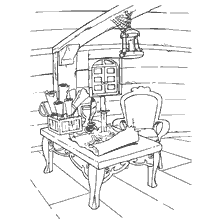coloring page: Coloring of the captain's cabin with table, chair and cards