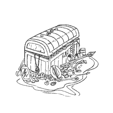 coloring page: Drawing of a pirate chest filled with treasure