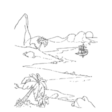 coloring page: Coloring with a pirate ship and tropical landscape