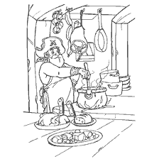 coloring page: Pirate cooking food in the kitchen