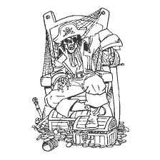coloring page: Pirate Skeleton Sitting on a Treasure Throne